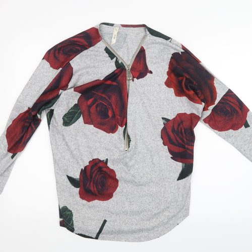Stella Womens Grey Floral Knit Basic T-Shirt Size 8