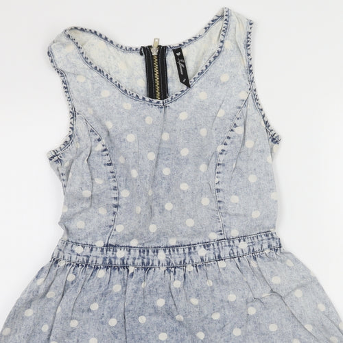 Influence Womens Blue Polka Dot Denim Skater Dress  Size 8