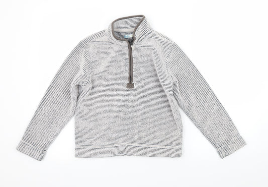 Front view of M&Co boys’ grey striped fleece pullover sweatshirt, size 7-8, years