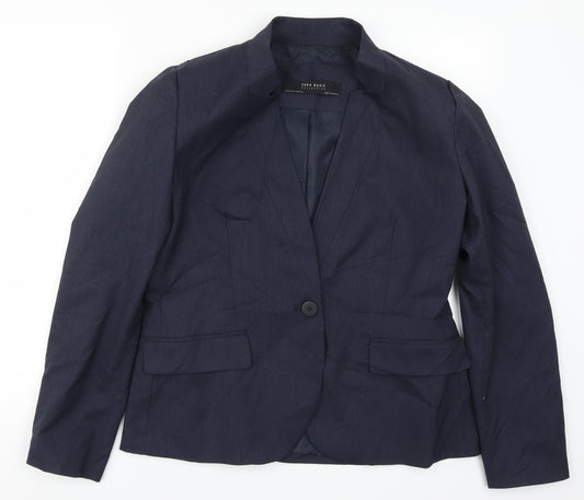 Front view of Zara women’s blue jacket suit jacket, size UK 14