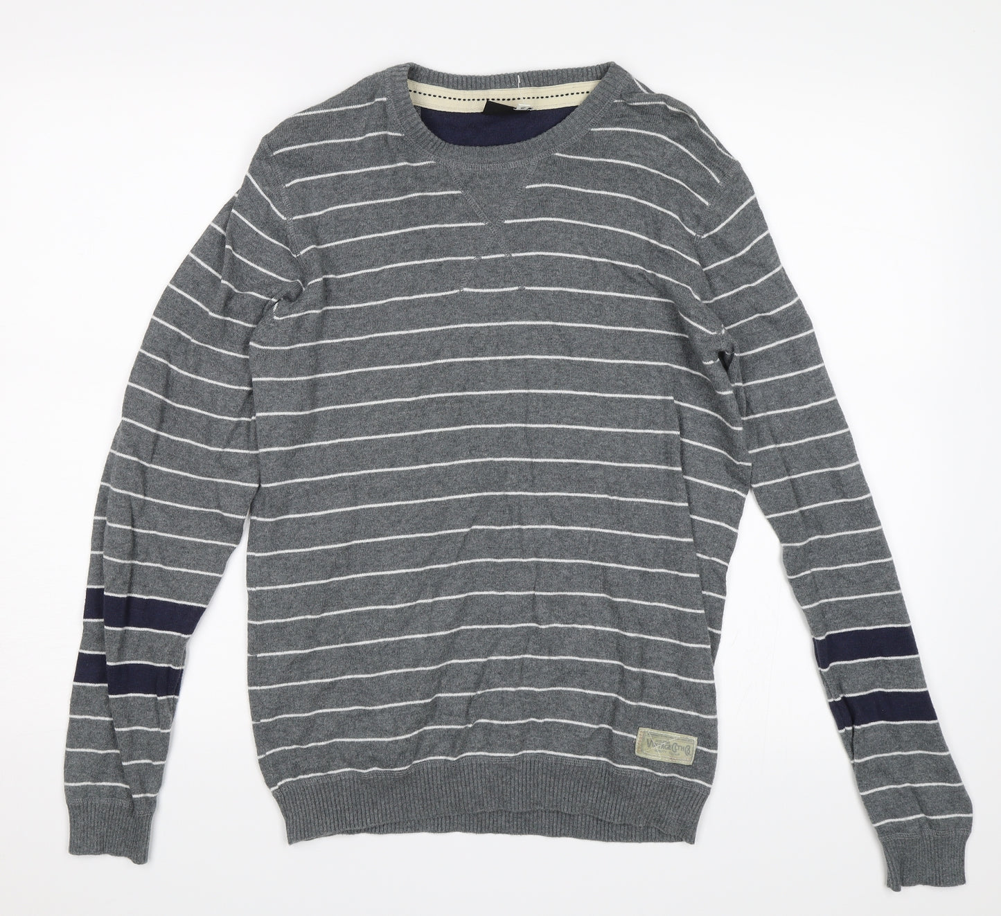 Jack and Jones Mens Grey Striped  Pullover Jumper Size S
