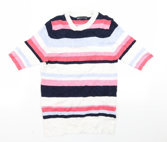 Front view of m*s women’s multicoloured striped jumper, size UK 12