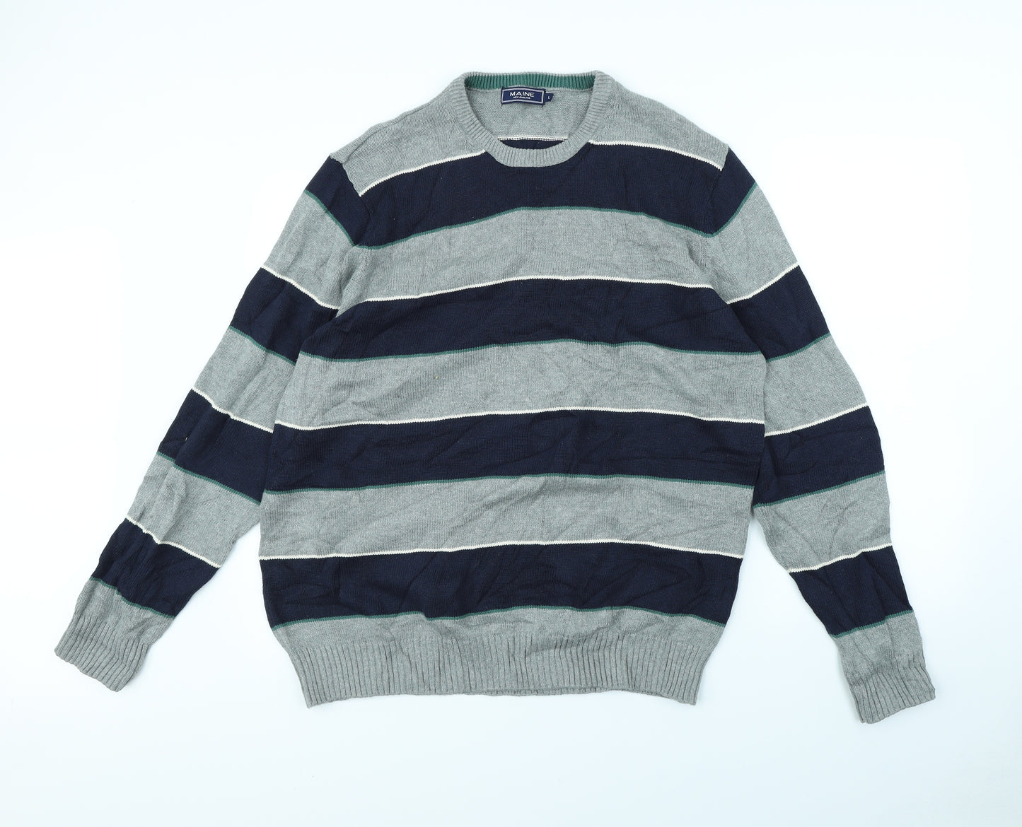 Maine Mens Grey Striped  Pullover Jumper Size L