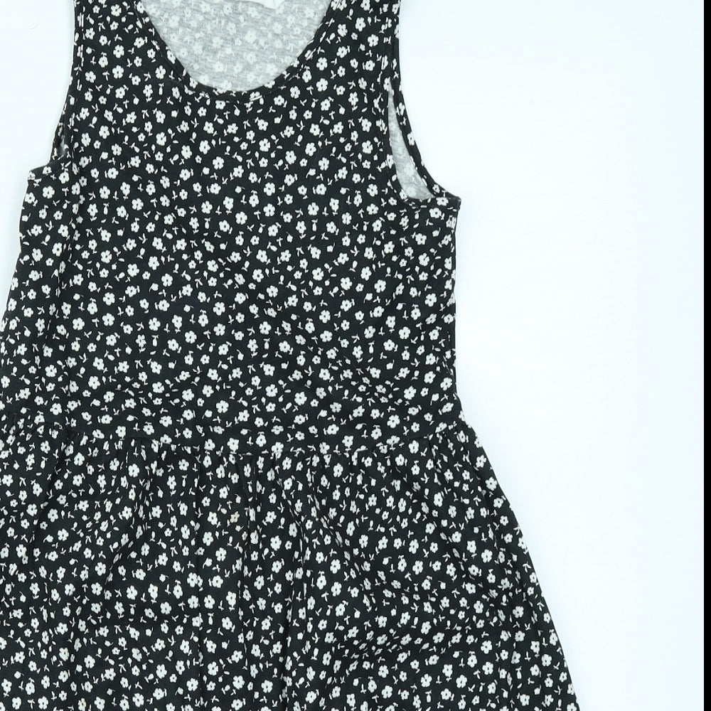 H&M Girls Black Floral  Skater Dress  Size 9-10 Years