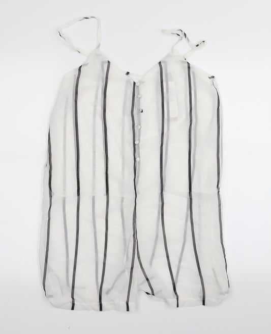 Front view of eunice lai women’s white striped playsuit one-piece, size L