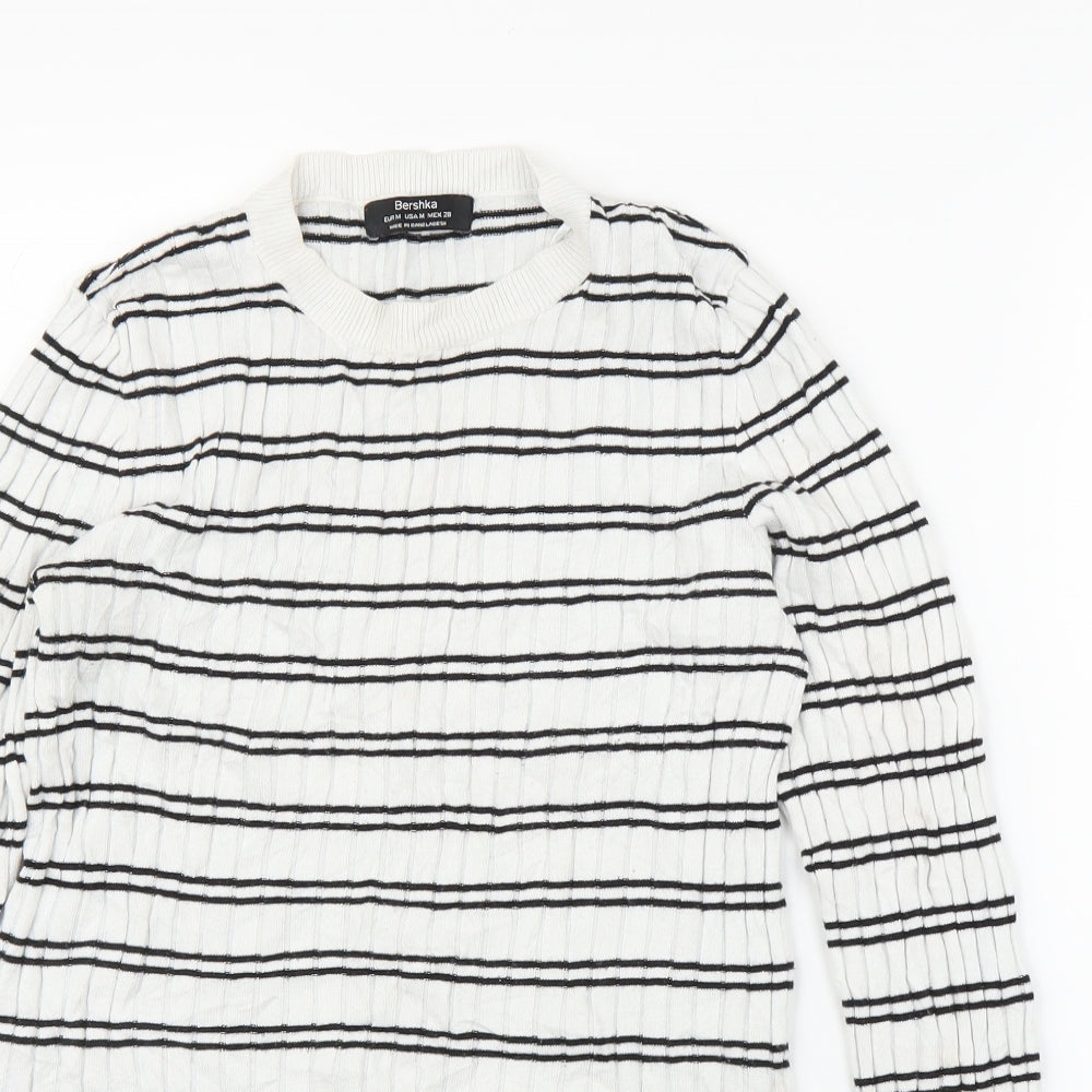 Bershka Mens White Striped  Pullover Jumper Size M