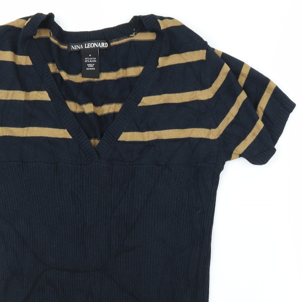 Nina Leonard Womens Blue Striped  Tunic Blouse Size M