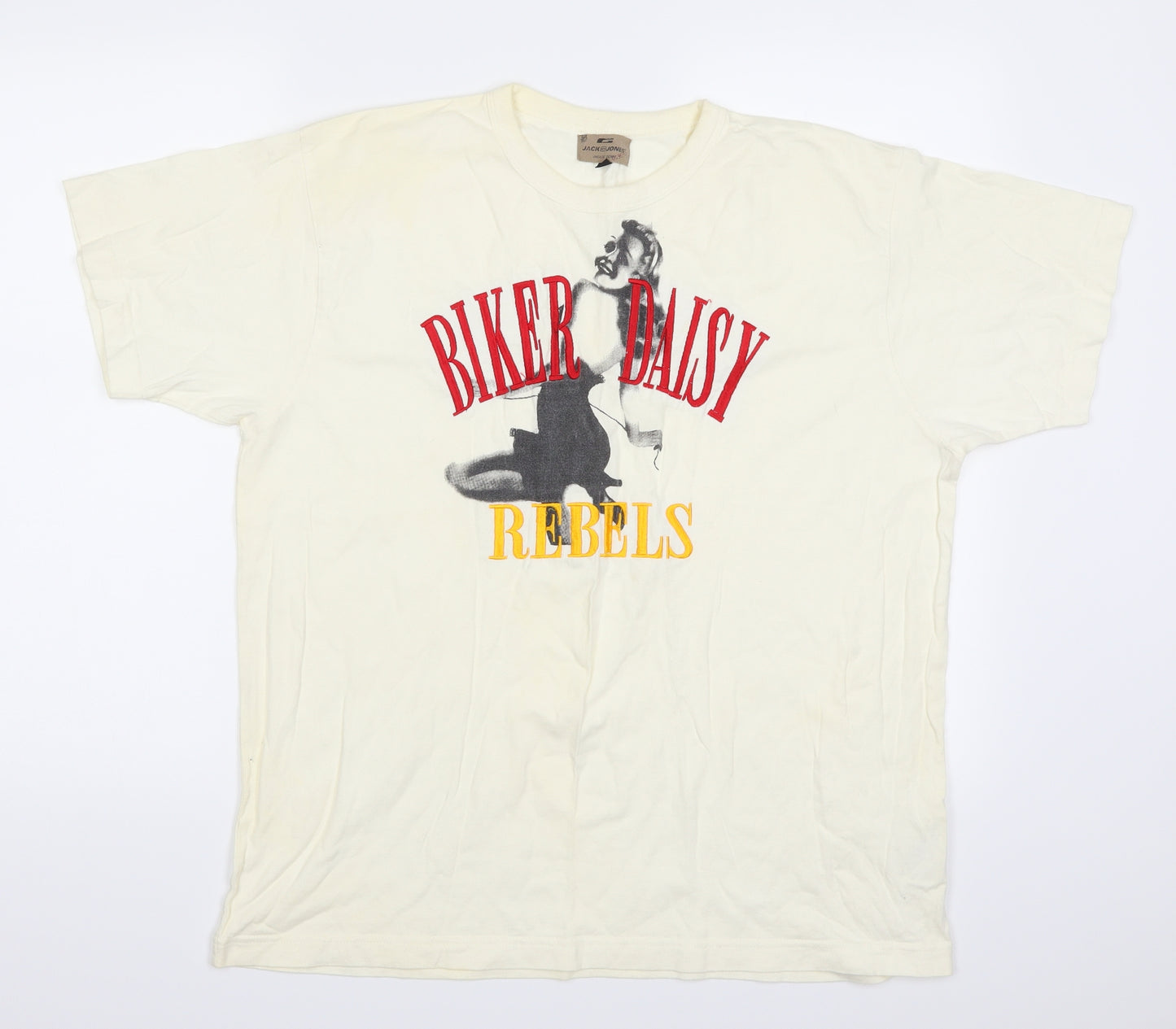 JACK & JONES Mens Beige    T-Shirt Size XL  - Biker Daisy Rebels