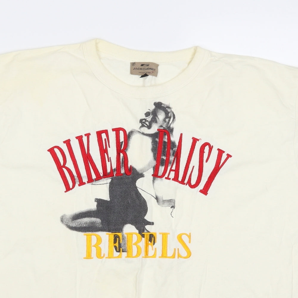 JACK & JONES Mens Beige    T-Shirt Size XL  - Biker Daisy Rebels
