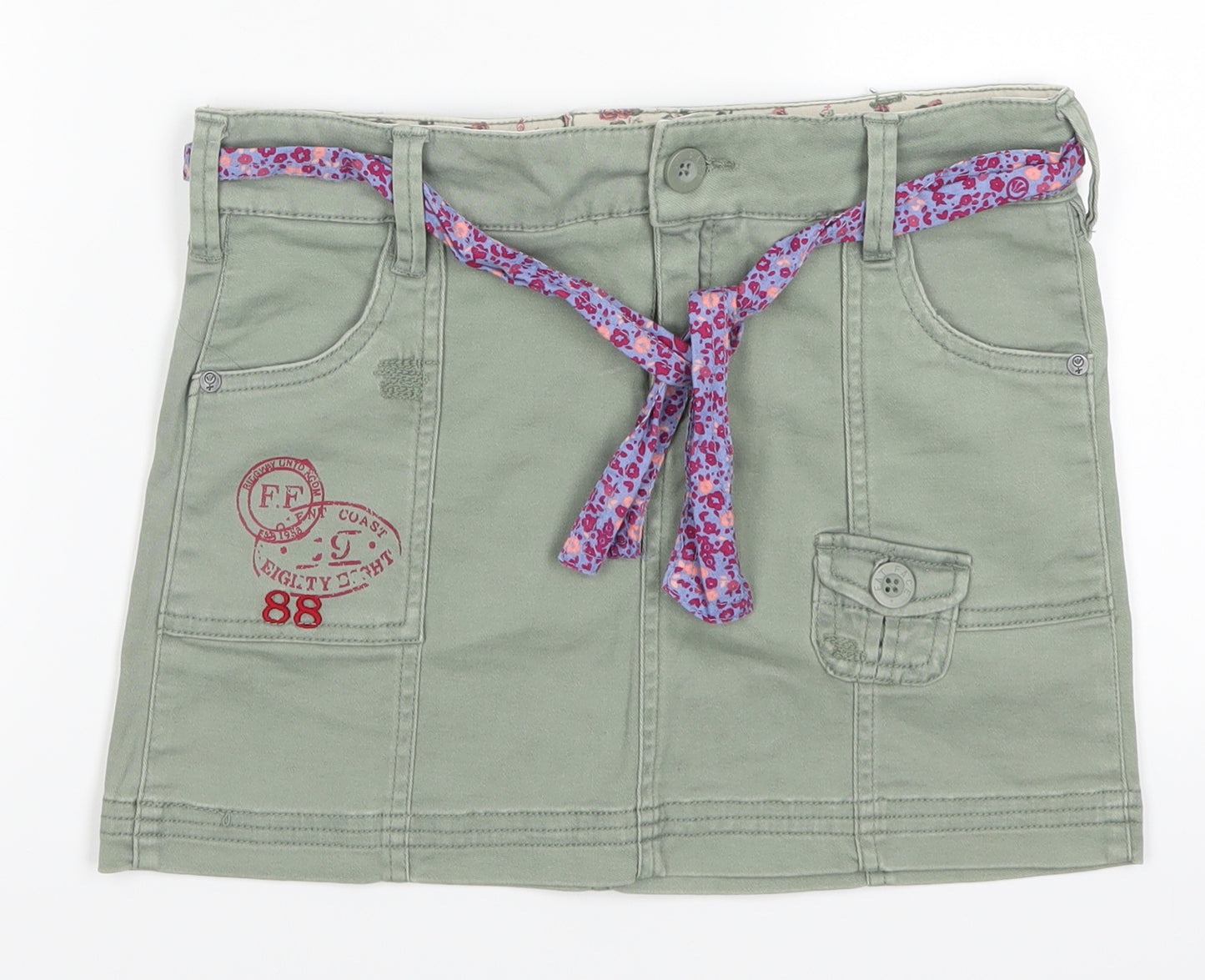 Fat Face Girls Green  Denim Mini Skirt Size 10-11 Years - Purple Floral Belt