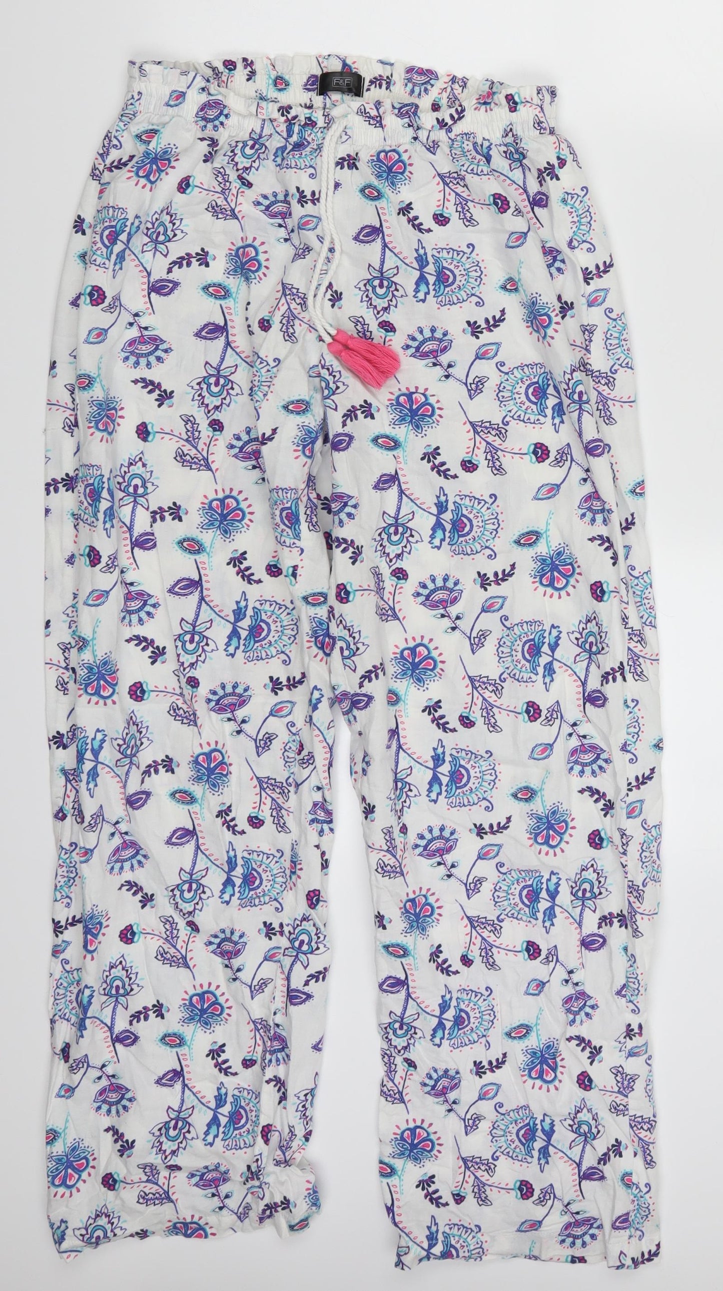 F&F Womens White Floral  Trousers  Size 8 L28 in - Blue Loungewear