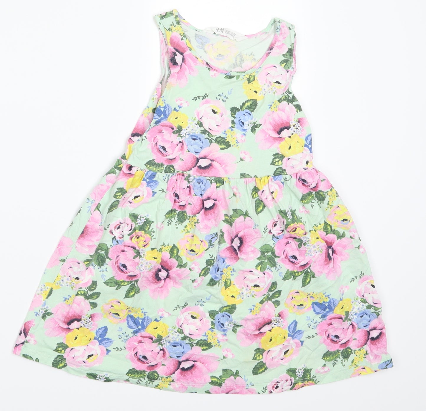 H&M Girls Green Floral  Skater Dress  Size 5-6 Years  - Multicoloured Flowers