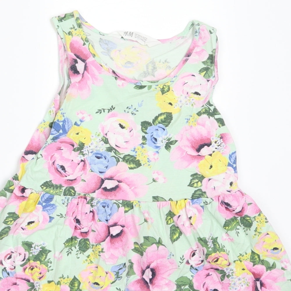 H&M Girls Green Floral  Skater Dress  Size 5-6 Years  - Multicoloured Flowers