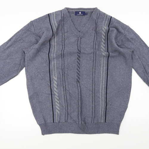 Carson Mens Blue Herringbone  Pullover Jumper Size L