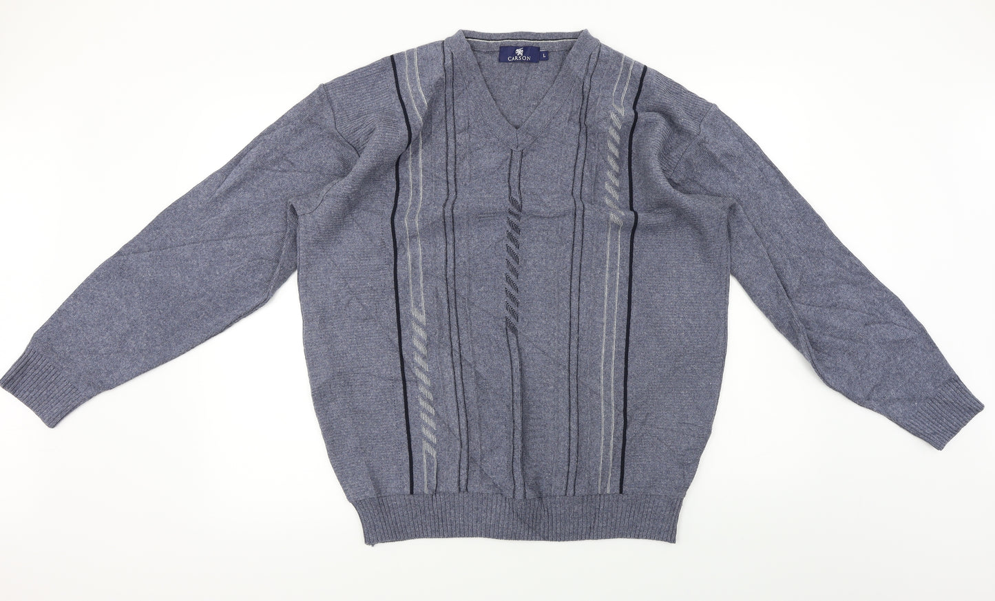 Carson Mens Blue Herringbone  Pullover Jumper Size L