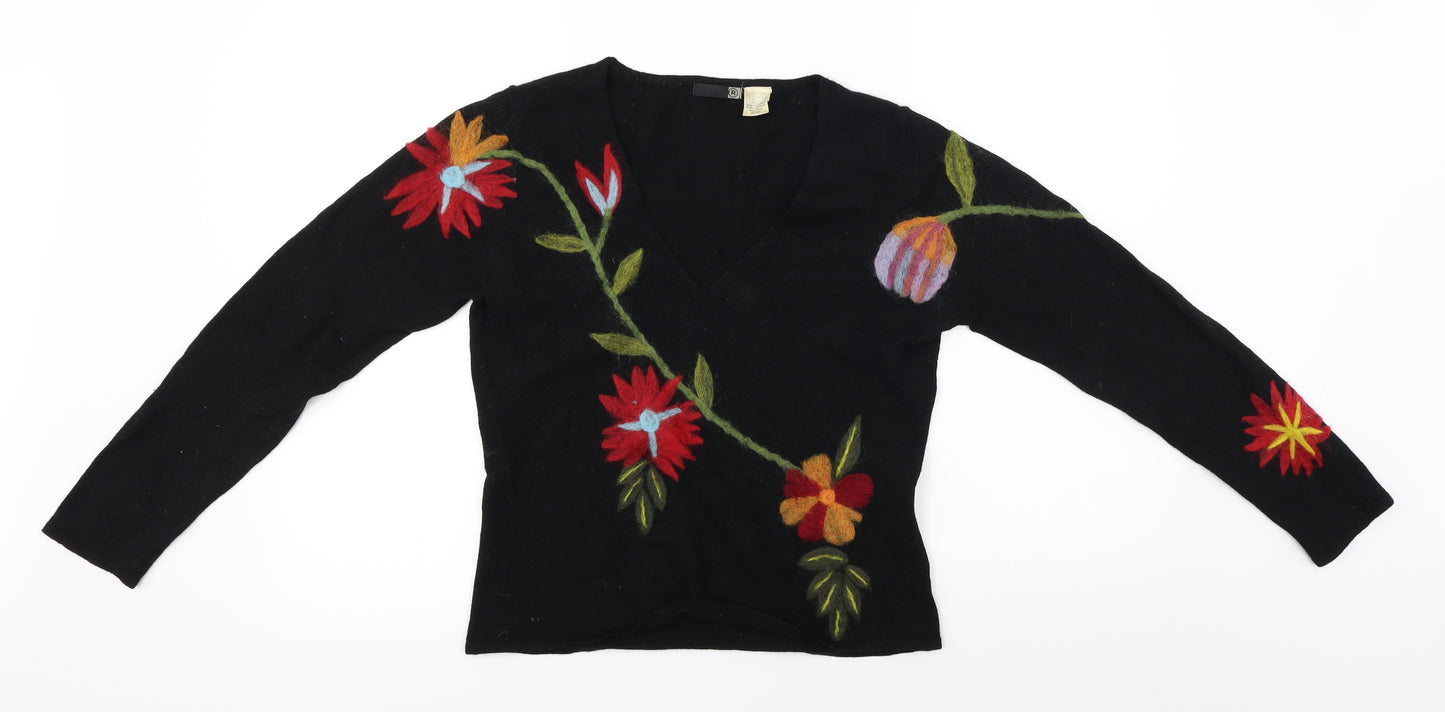 R Womens Black Floral  Pullover Jumper Size 10