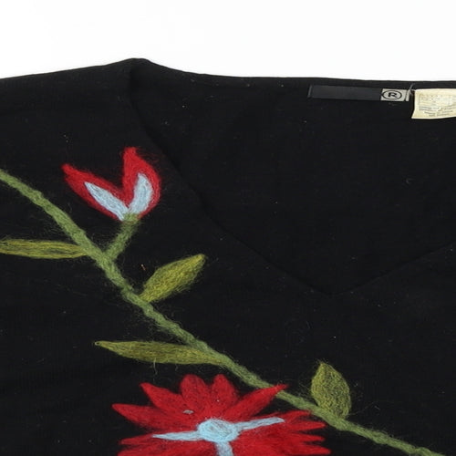 R Womens Black Floral  Pullover Jumper Size 10