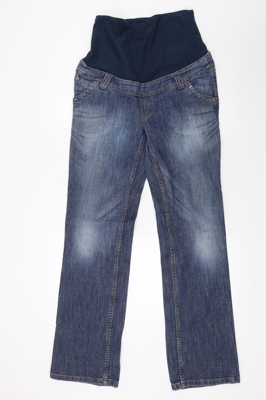 Front view of H&M women’s blue denim bootcut jeans, size S, 30-inch leg