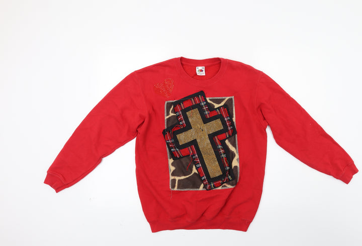 Fruit of the Loom Girls Red  Jersey Pullover Sweatshirt Size 13 Years  - Cross Print