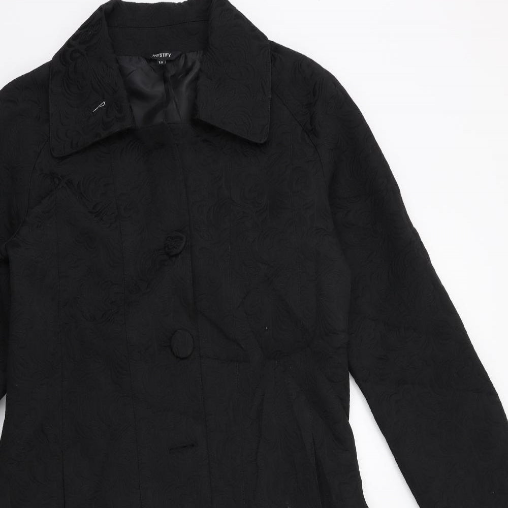 Mystify Womens Black Floral  Overcoat Coat Size 12