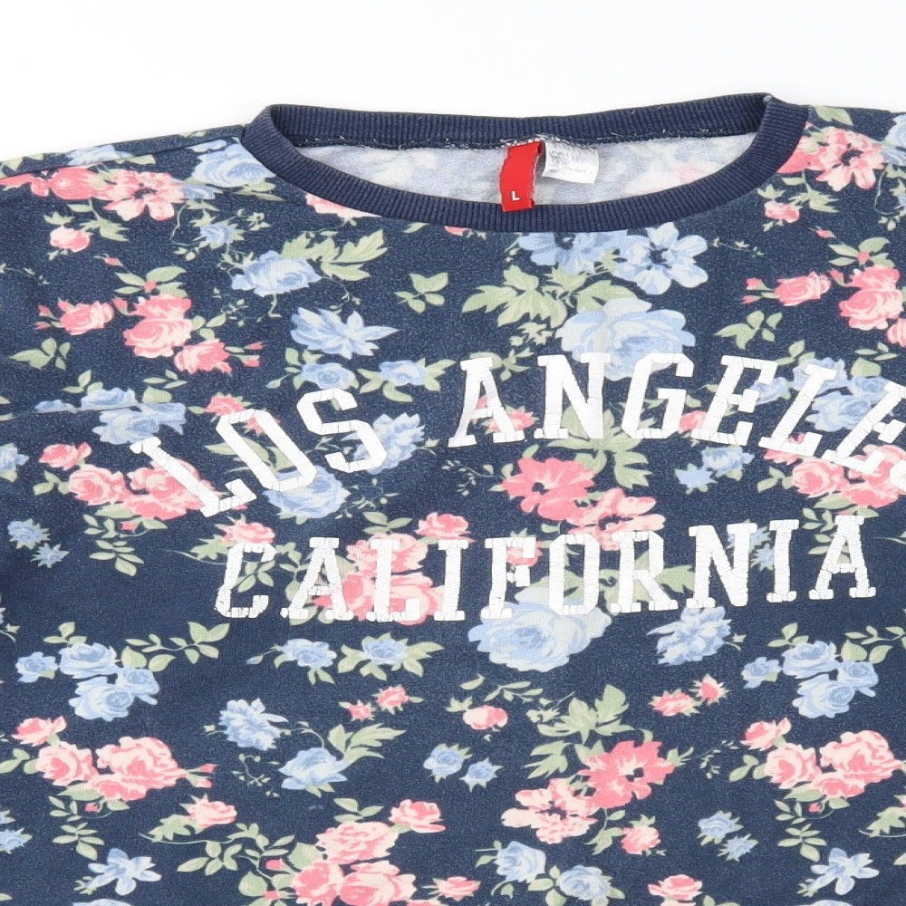 Divided Womens Blue Floral  Pullover Sweatshirt Size L
