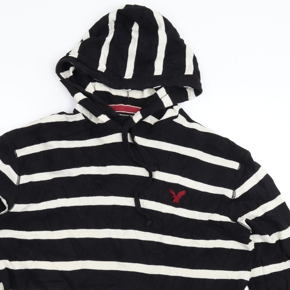 American Eagle Outfitters Mens Black Striped Knit Pullover Hoodie Size M