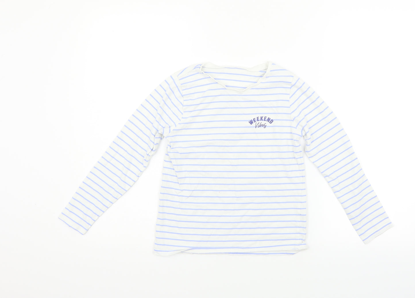 George Girls White Striped  Basic T-Shirt Size 9-10 Years
