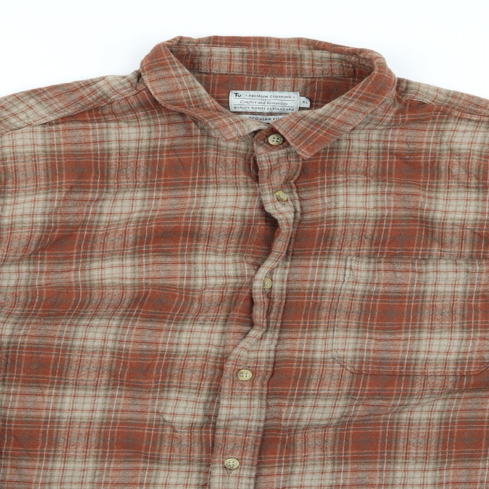 TU Mens Orange Plaid   Button-Up Size XL