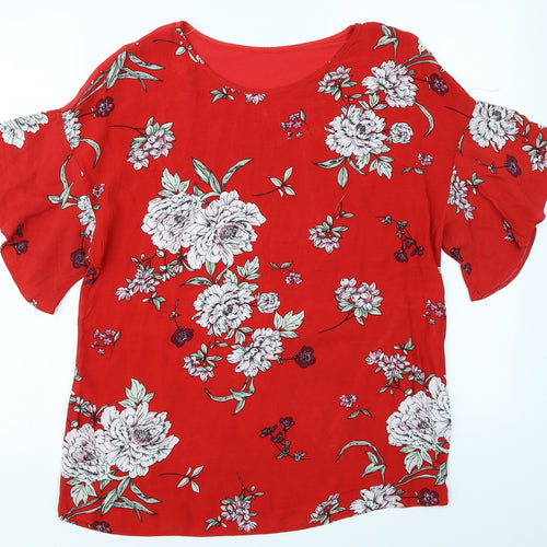 Preworn Womens Red Floral  Basic Blouse Size 10