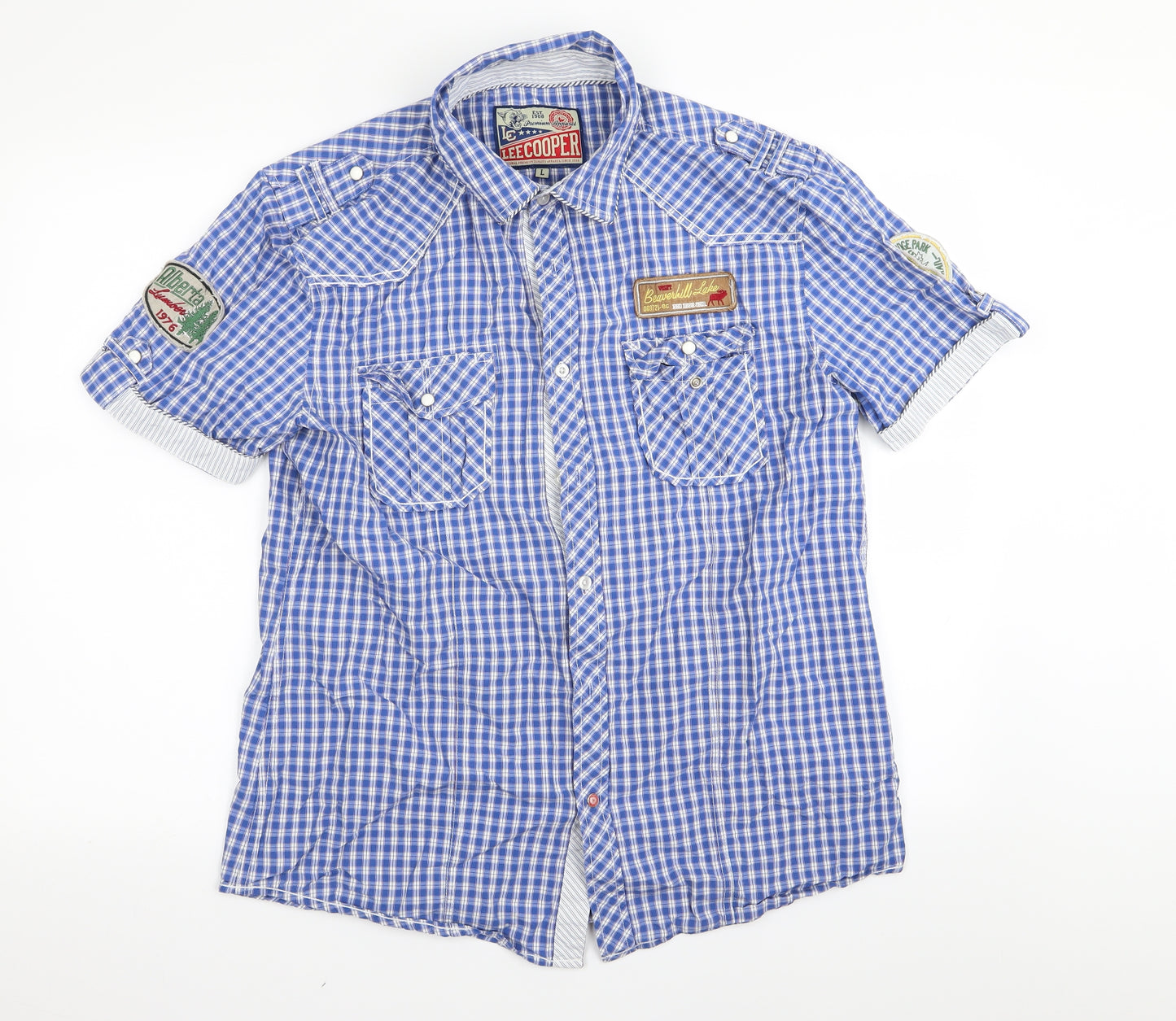 LEECOOPER Mens Blue Check   Button-Up Size L