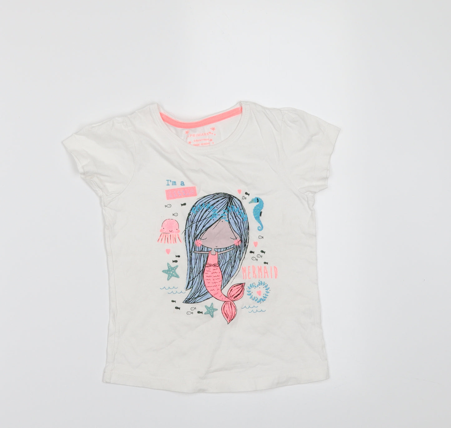 Primark Girls White   Basic T-Shirt Size 5-6 Years  - Mermaid