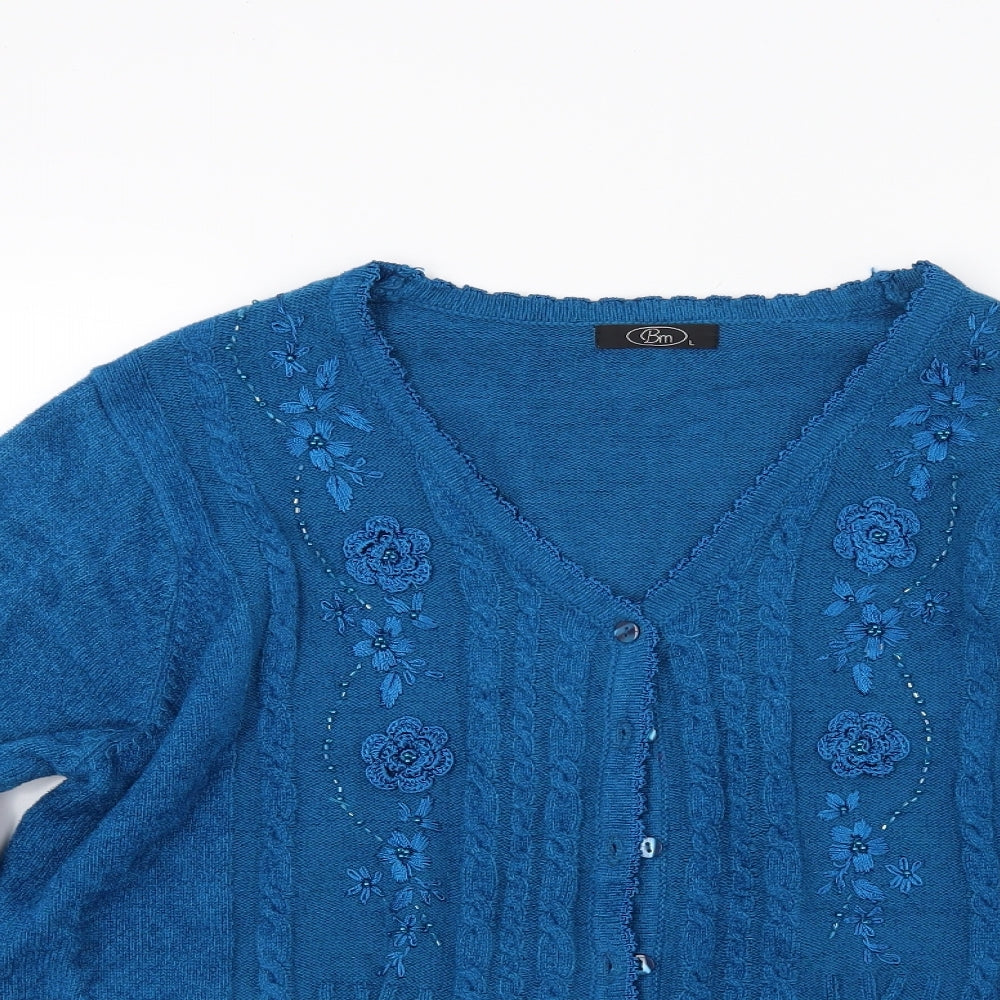 BM Womens Blue Floral Knit Cardigan Jumper Size L