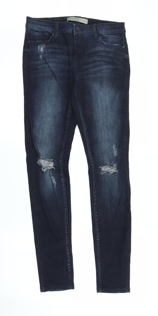 Front view of C&A women’s blue denim skinny jeans, size UK 8, 29-inch leg