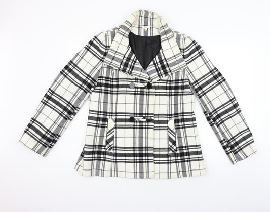 Front view of Marks & Spencer women’s white check jacket coat, size UK 12
