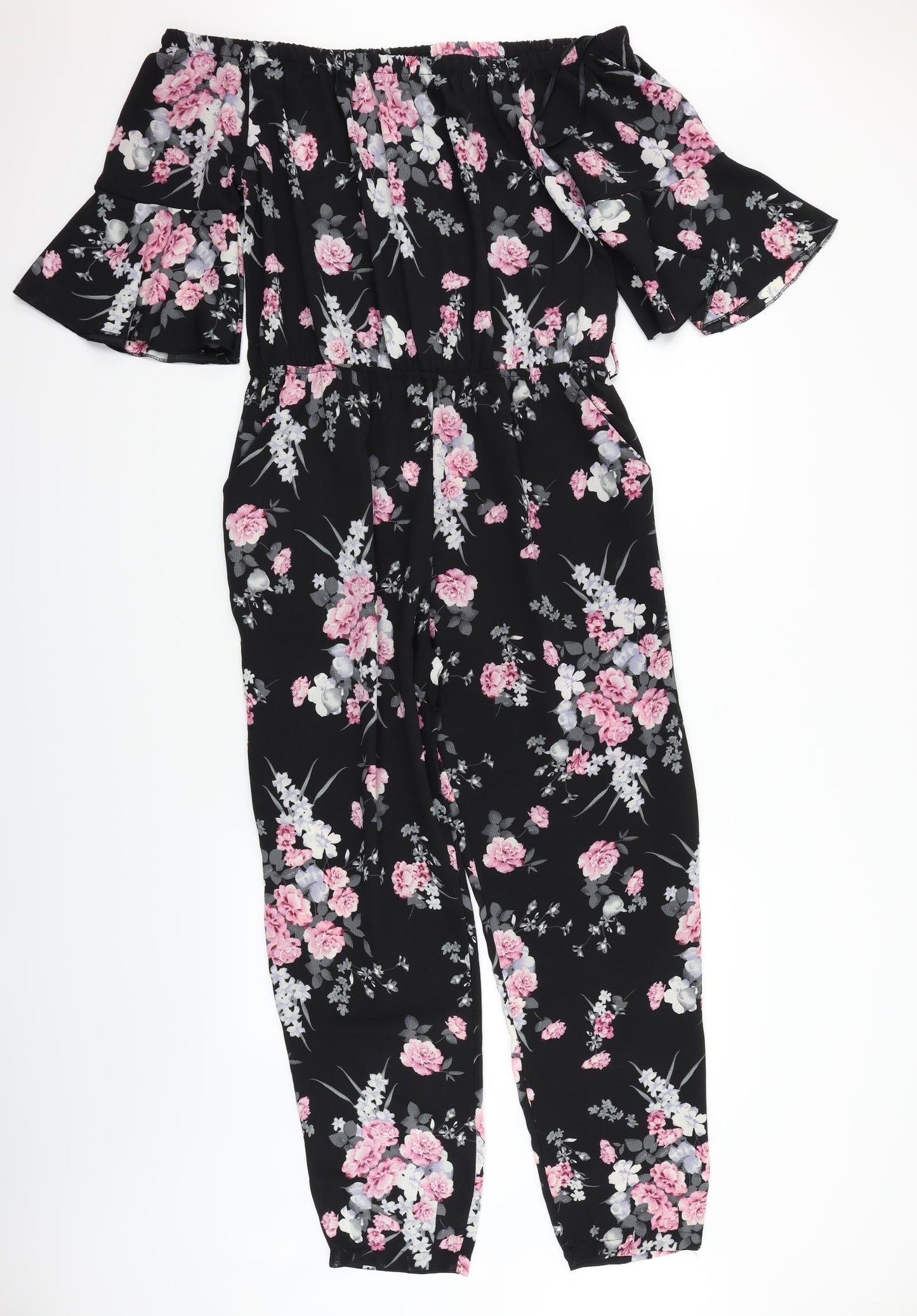 Quiz Womens Black Floral  Jumpsuit One-Piece Size L L29 in