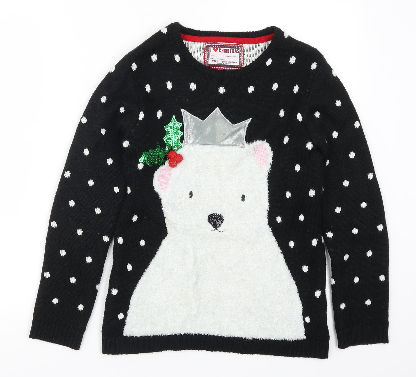 Young Dimension Girls Black Polka Dot  Pullover Jumper Size 11-12 Years  - Christmas Polar Bear
