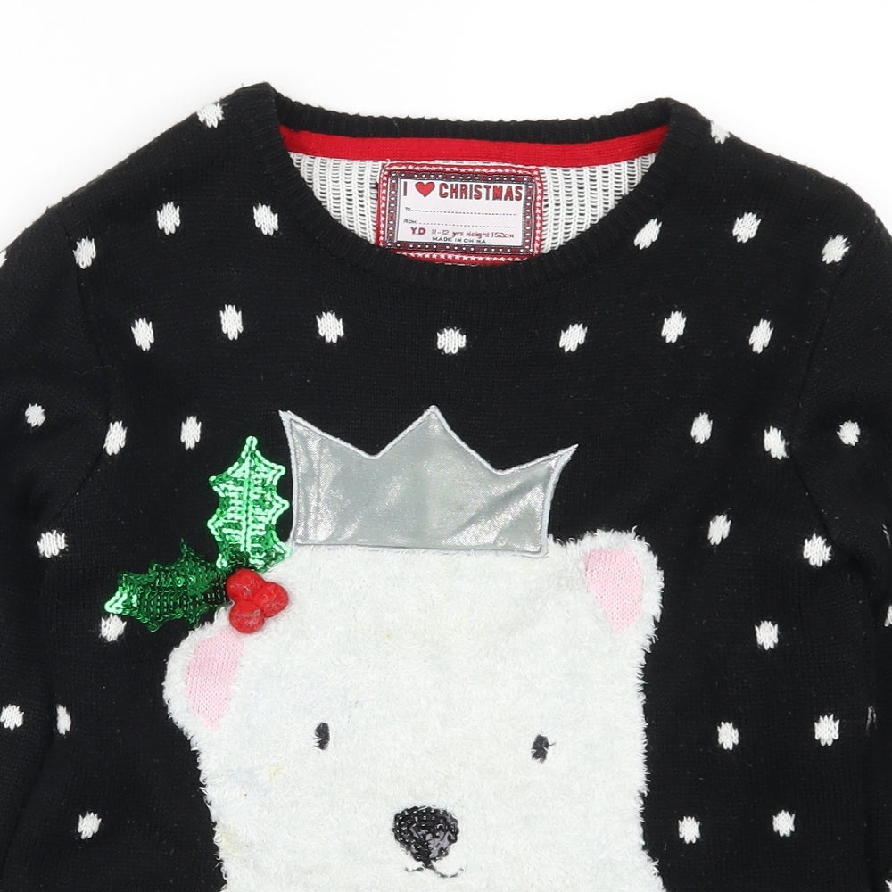 Young Dimension Girls Black Polka Dot  Pullover Jumper Size 11-12 Years  - Christmas Polar Bear