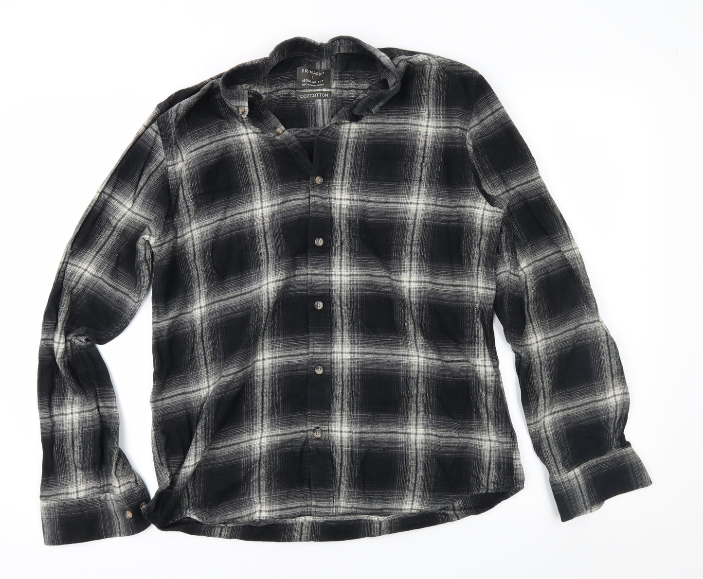 Primark Mens Black Check   Button-Up Size L