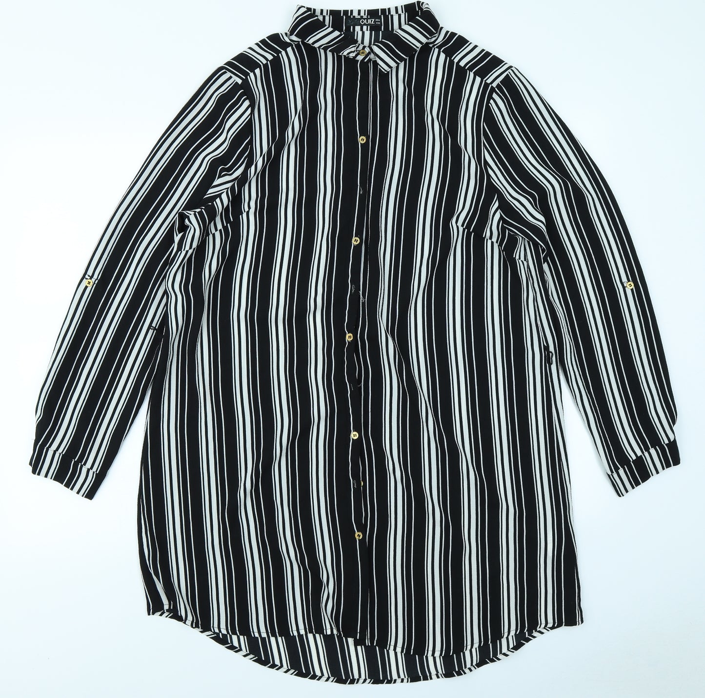 Quiz Womens Black Striped  Basic Button-Up Size 14  - Longline