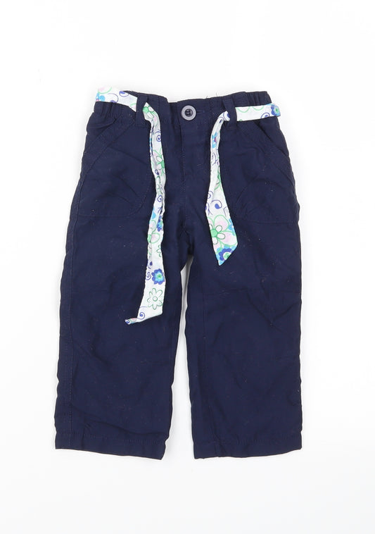 Front view of Early Days Blue Cargo Trousers, size 9-12, Months