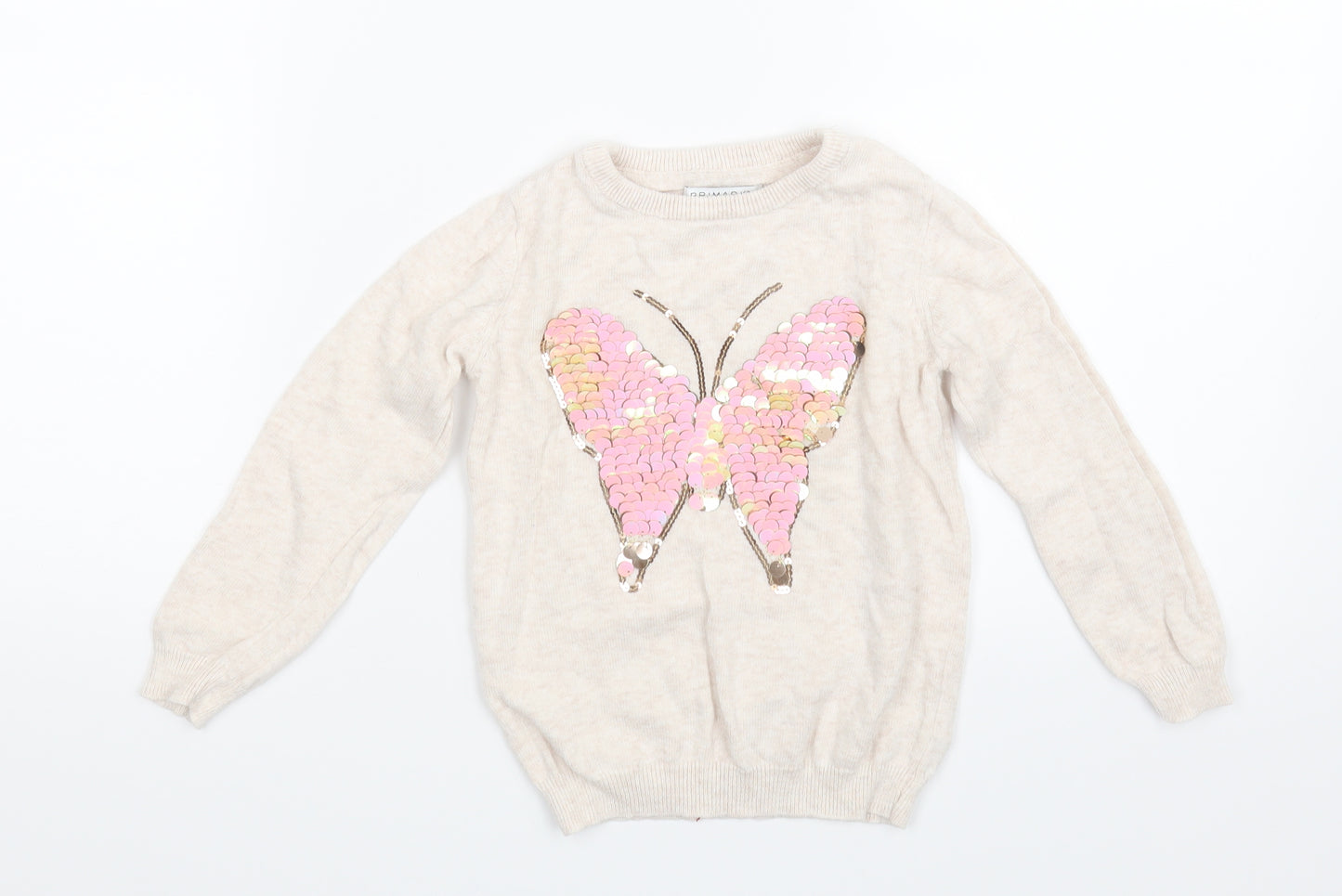 Primark Girls Beige   Pullover Jumper Size 5-6 Years  - Butterfly