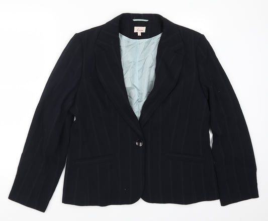Front view of Lime women’s blue striped jacket suit jacket, size UK 18