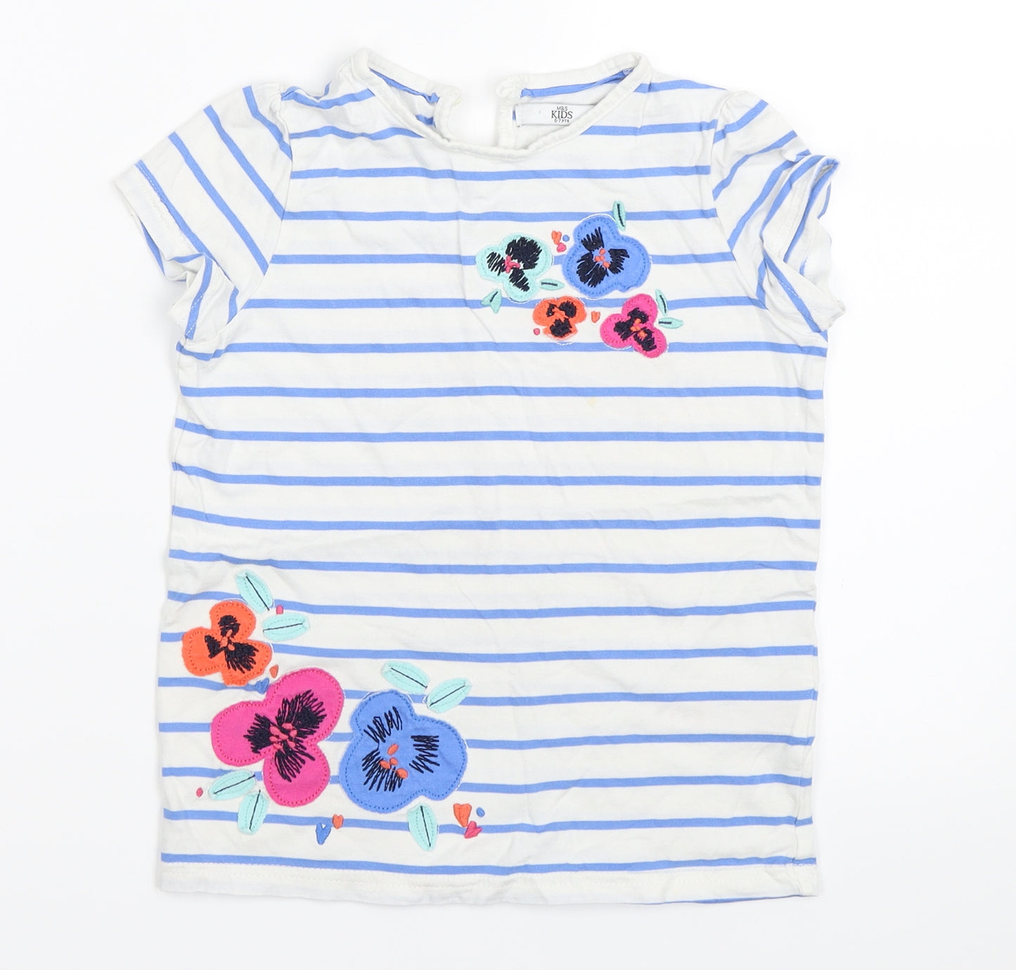 Marks and Spencer Girls White Striped  Basic T-Shirt Size 6-7 Years