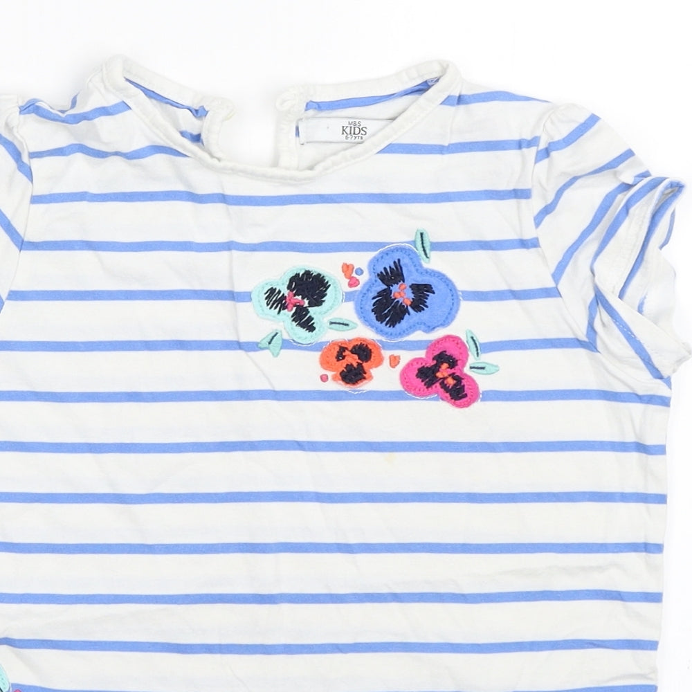 Marks and Spencer Girls White Striped  Basic T-Shirt Size 6-7 Years