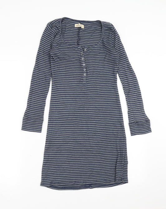 Front view of Hollister women’s blue striped jumper dress, size XS