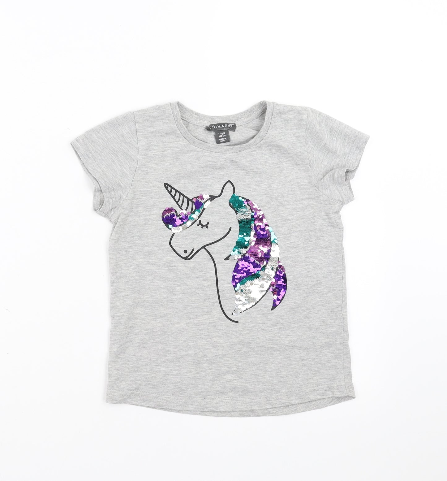 Primark Girls Grey   Basic T-Shirt Size 7-8 Years  - unicorn