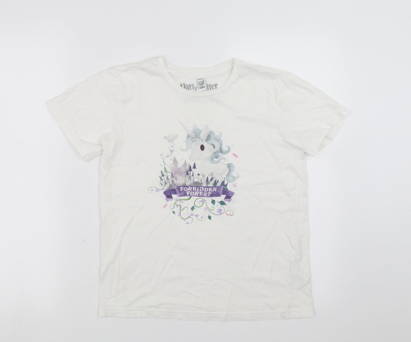 Earth Positive Girls White   Basic T-Shirt Size 11-12 Years  - unicorn