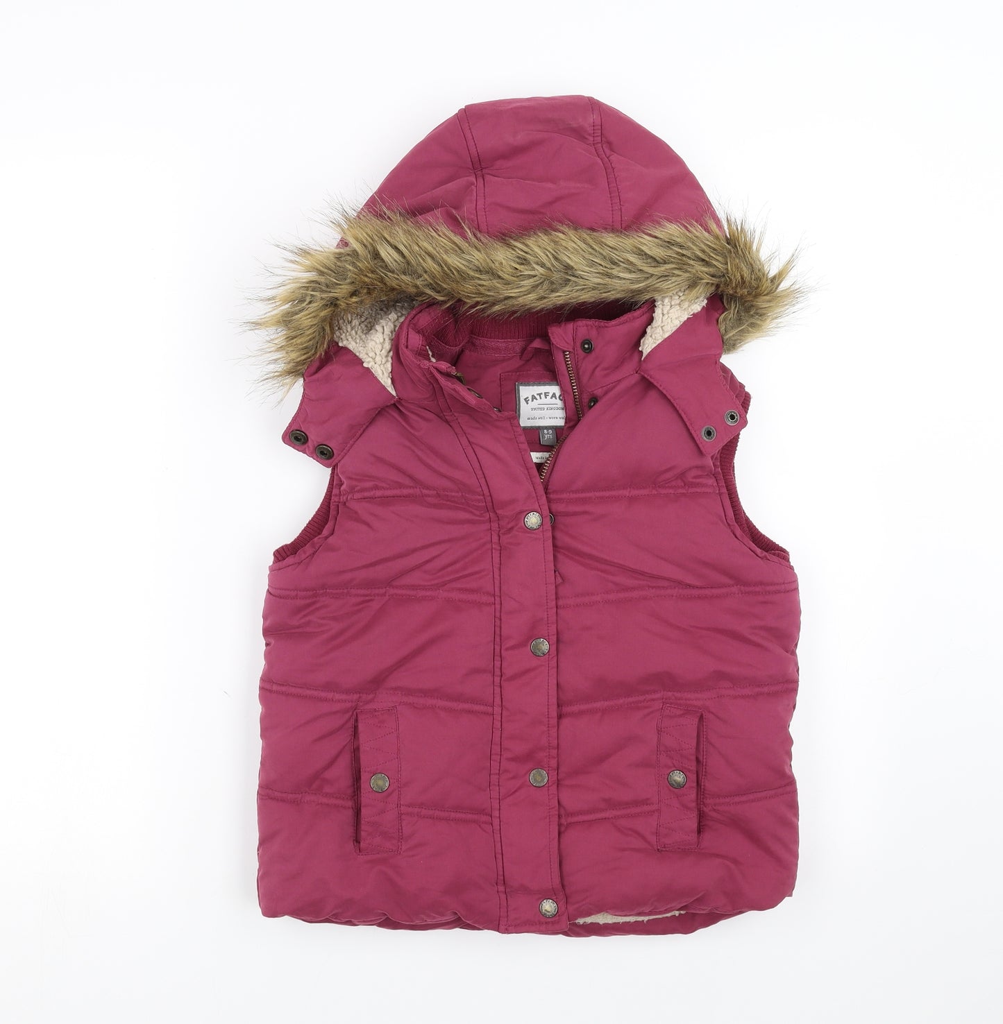 Fat Face Girls Purple   Gilet Jacket Size 8-9 Years  - fur trim  on hood