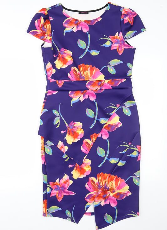 Front view of Evita women’s purple floral a-line, size UK 14