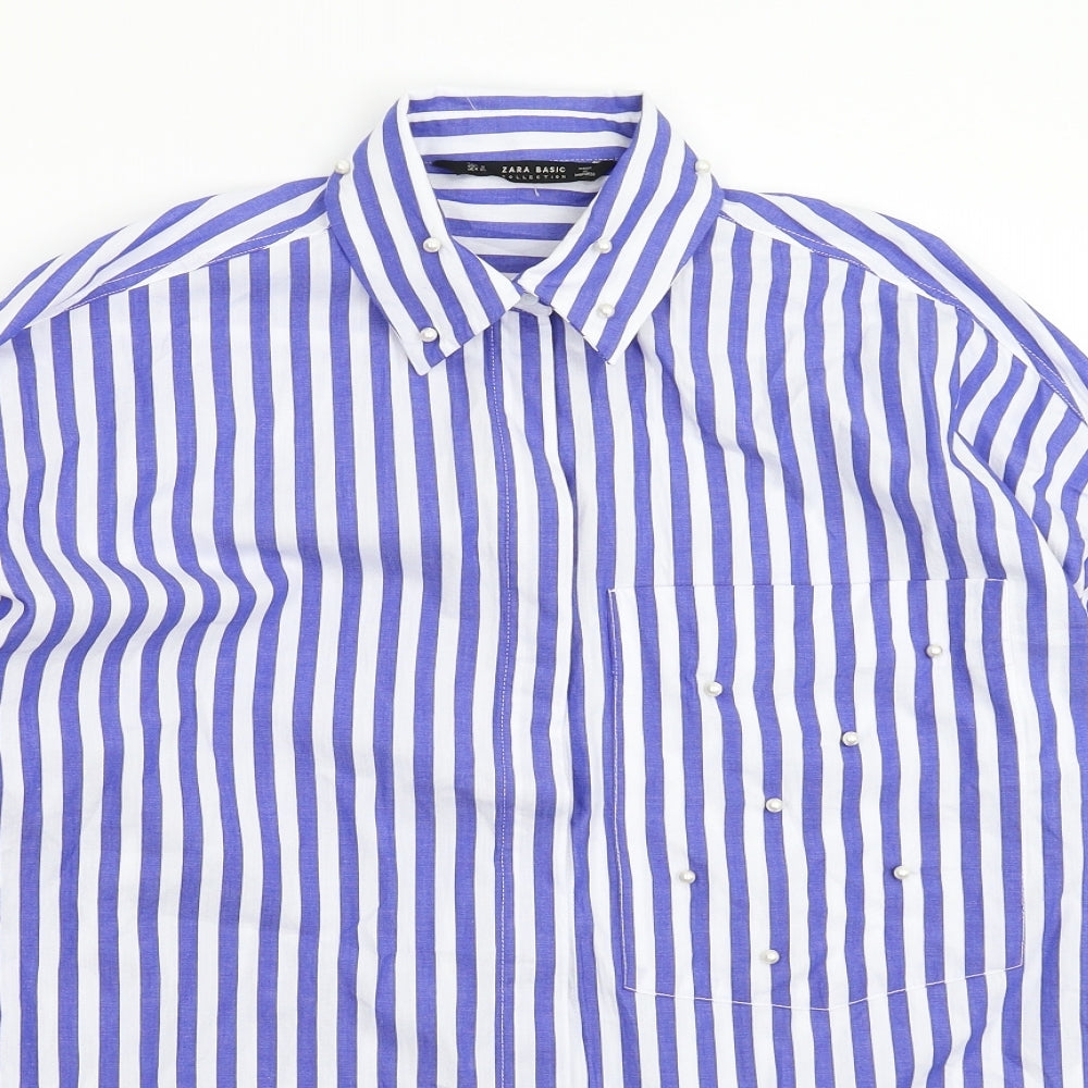 Zara Womens Blue Striped  Basic Button-Up Size S  - Oversized